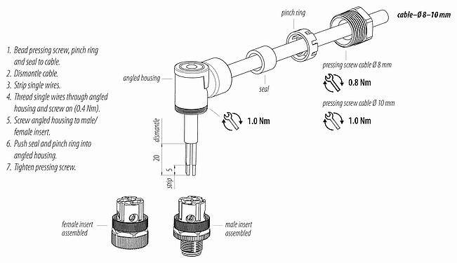 Instrucción de montaje M12 Conector hembra en ángulo, Número de contactos: 4, 8,0-10,0 mm, sin blindaje, tornillo extraíble, IP67, UL 2238, VDE