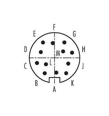 Disposición de los contactos (lado de la conexión) 99 0649 72 12 - Bayoneta Conector macho en ángulo, Número de contactos: 12, 6,0-8,0 mm, sin blindaje, soldadura, IP40