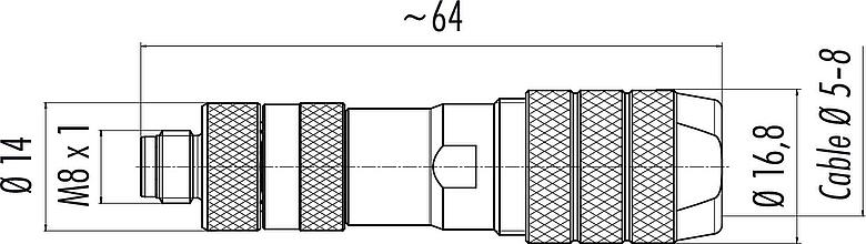 Scale drawing M8 Male cable connector, Contacts: 4, 5.0-8.0 mm, shieldable, screw clamp, IP67, iris spring