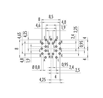 Conductor layout 09 0335 90 19 - M16 Male panel mount connector, Contacts: 19 (19-a), unshielded, THT, IP40, front fastened