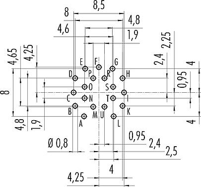 Conductor layout M16 Male panel mount connector, Contacts: 19 (19-a), unshielded, THT, IP67, UL 2238, M18x0,75, Rear mounting