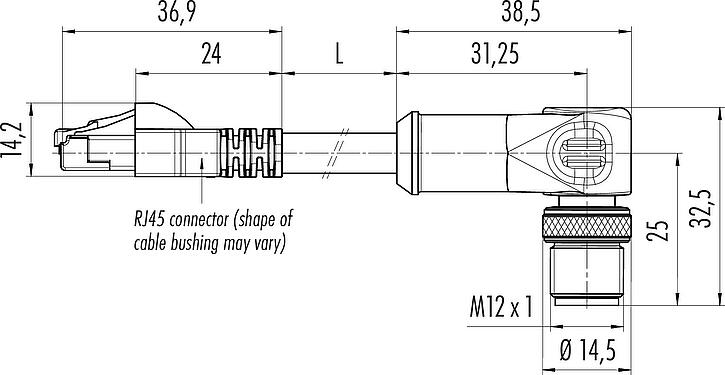 Scale drawing M12/RJ45 Connecting cable male angled connector - RJ45 connector, Contacts: 4, shielded, molded/crimp, IP67, Ethernet CAT5e, TPE, black, 2 x 2 x AWG 24, 2 m