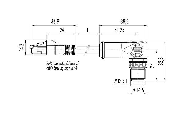 Scale drawing M12/RJ45 Connecting cable male angled connector - RJ45 connector, Contacts: 4, shielded, molded/crimp, IP67, Ethernet CAT5e, TPE, black, 2 x 2 x AWG 24, 1 m