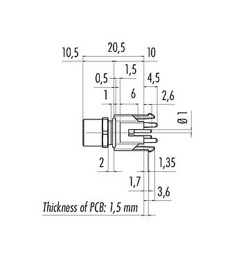 Dessin coté M8 Embase femelle, Contacts: 4, non blindé, THR, IP67, UL 2238