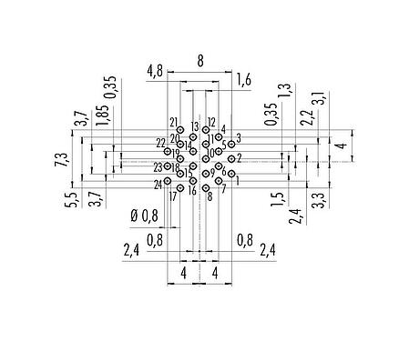 Conductor layout M16 Male panel mount connector, Contacts: 24, unshielded, THT, IP40, M18x0,75, Rear mounting