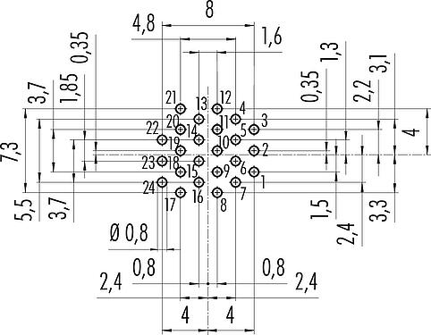 Conductor layout M16 Male panel mount connector, Contacts: 24, unshielded, THT, IP67, UL 2238, M18x0,75, Rear mounting