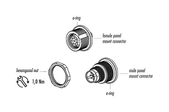 Component part drawing M9 Female panel mount connector, Contacts: 8, unshielded, solder, IP67, M12x0.5, Rear mounting