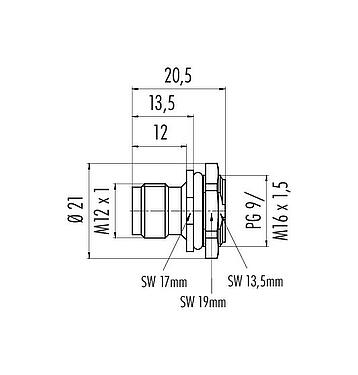 Scale drawing M12 Male panel mount connector, Contacts: 4, unshielded, solder, IP67, UL 2238, PG 9, Front mounting