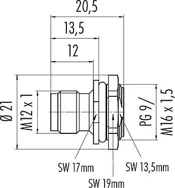 Scale drawing M12 Male panel mount connector, Contacts: 8, unshielded, solder, IP67, UL 2238, PG 9, Front mounting