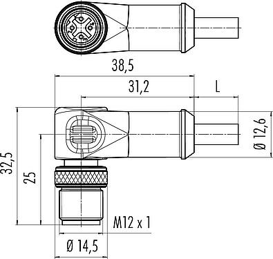 Dessin coté M12 Connecteur mâle coudé, Contacts: 4, blindé, surmoulé sur le câble, IP67, Ethernet CAT5e, TPE, bleu/vert, 2 x 2 x AWG 24, 1 m