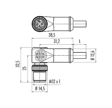 Scale drawing 77 4527 0000 64704-1000 - M12 Male angled connector, Contacts: 4, shielded, moulded on the cable, IP67, Ethernet CAT5e, TPE, black, 2 x 2 x AWG 24, 10 m
