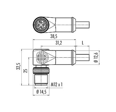 Scale drawing M12 Male angled connector, Contacts: 4, shielded, moulded on the cable, IP67, Ethernet CAT5e, TPE, teal, 2 x 2 x AWG 24, 3 m