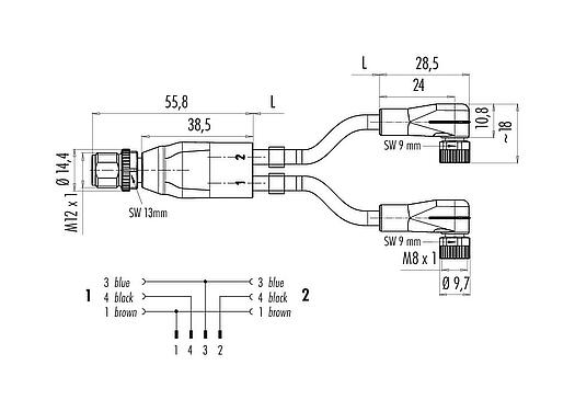 Dessin coté M12/M8 Connecteur répartiteur de câbles - 2 connecteur d‘angle femelle, Contacts: 4/3, non blindé, surmoulé sur le câble, IP67, UL 2238, PUR, noir, 3 x 0,34 mm², 1 m
