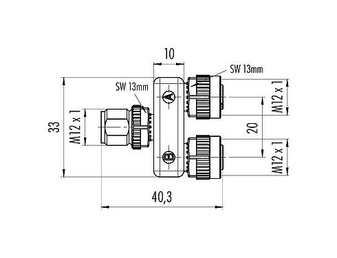 Scale drawing M12 Twin distributors Y-distributor, male connector - 2 female connector, Contacts: 5, unshielded, pluggable, IP68, UL 2238