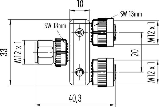 Scale drawing M12 Twin distributors Y-distributor, male connector - 2 female connector, Contacts: 8, unshielded, pluggable, IP68, UL 2238