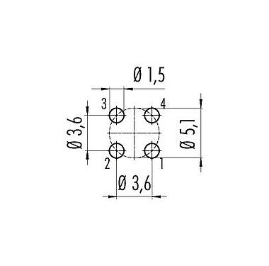 Conductor layout 09 0632 90 04 - M12 Female panel mount connector, Contacts: 4, unshielded, THT, IP68, UL, VDE, M16x1.5, front fastened