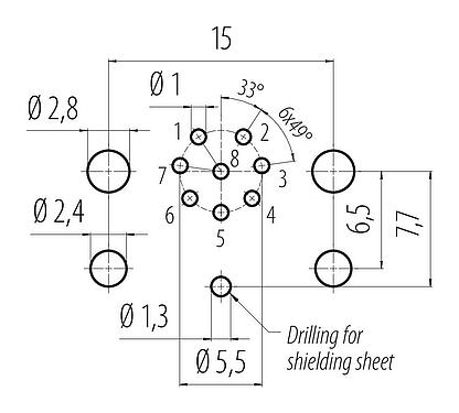 Conductor layout 99 3482 458 08 - M12 Female panel mount connector, Contacts: 8, shieldable, THR, IP68, UL 2238, for PCB assembly