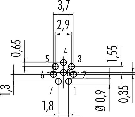 Conductor layout M9 Male panel mount connector, Contacts: 8, unshielded, THT, IP40, M9x0,5, Rear mounting