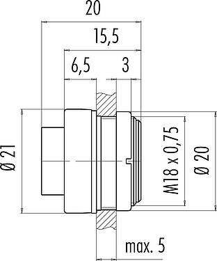 Scale drawing Bayonet Male panel mount connector, Contacts: 4, unshielded, solder, IP40, M18x0,75, Front mounting