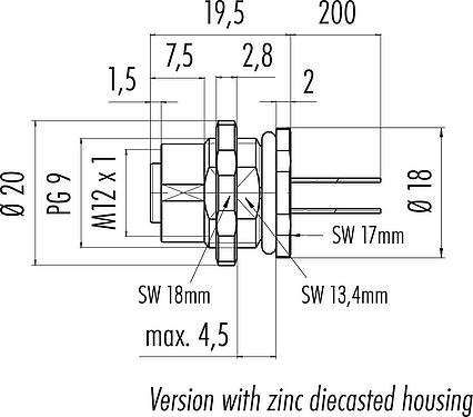 Scale drawing M12 Female panel mount connector, Contacts: 4, unshielded, single wires, IP67, UL 2238, PG 9, Rear mounting