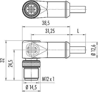 Dessin coté M12 Connecteur mâle coudé, Contacts: 8, blindé, surmoulé sur le câble, IP67, Ethernet CAT5e, TPE, noir, 4 x 2 x AWG 24, 2 m