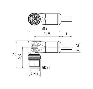 Scale drawing 77 3527 0000 64708-1000 - M12 Male angled connector, Contacts: 8, shielded, moulded on the cable, IP67, Ethernet CAT5e, TPE, black, 4 x 2 x AWG 24, 10 m