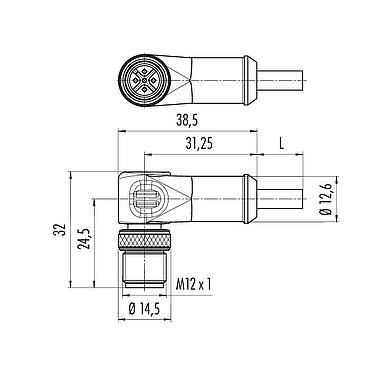 Scale drawing M12 Male angled connector, Contacts: 8, shielded, moulded on the cable, IP67, Ethernet CAT5e, TPE, teal, 4 x 2 x AWG 24, 1 m