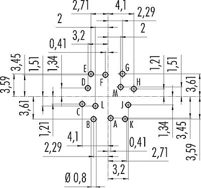 Conductor layout M16 Male panel mount connector, Contacts: 12 (12-a), unshielded, THT, IP40, M18x0,75, Rear mounting