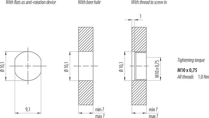 Assembly instructions / Panel cut-out M8 Female panel mount connector, Contacts: 4, solder, IP67/IP69K, M10x0.75, Front mounting, with solder cups