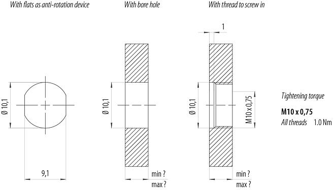 Assembly instructions / Panel cut-out M8 Female panel mount connector, Contacts: 4, solder, IP67/IP69K, M10x0.75, Front mounting, with solder cups