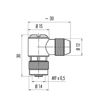 Scale drawing M9 Female angled connector, Contacts: 4, 3.5-5.0 mm, shieldable, solder, IP67