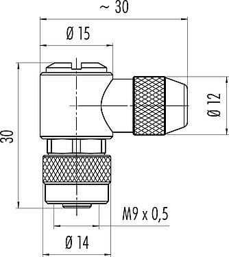 Dibujo a escala M9 Conector hembra en ángulo, Número de contactos: 2, 3,5-5,0 mm, blindable, soldadura, IP67