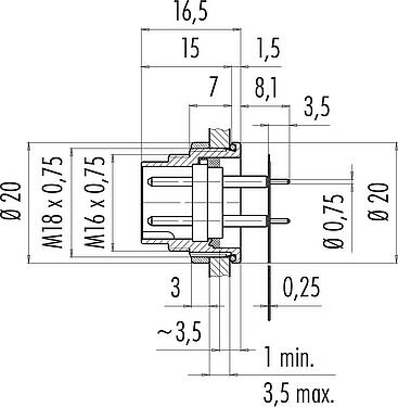 Scale drawing M16 Male panel mount connector, Contacts: 8 (08-a), unshielded, THT, IP68, M18x0,75, Rear mounting, potted
