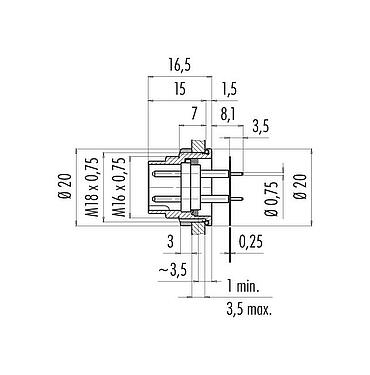 Dibujo a escala M16 Enchufe de brida, Número de contactos: 7 (07-a), sin blindaje, THT, IP67, M18x0,75, Montaje en pared, moldeado