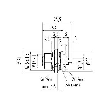 Scale drawing 09 0632 90 04 - M12 Female panel mount connector, Contacts: 4, unshielded, THT, IP68, UL, VDE, M16x1.5, front fastened