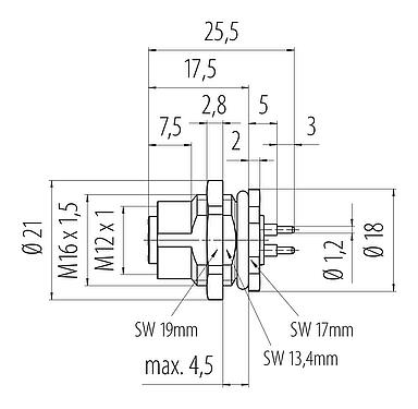 Dibujo a escala M12 Toma de brida, Número de contactos: 4, sin blindaje, THT, IP68, UL 2238, M16x1,5, Montaje en pared