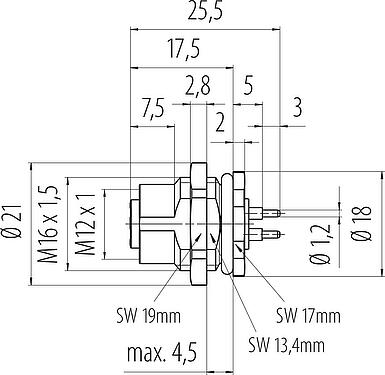 Dibujo a escala M12 Toma de brida, Número de contactos: 4, sin blindaje, THT, IP68, UL 2238, M16x1,5, Montaje en pared