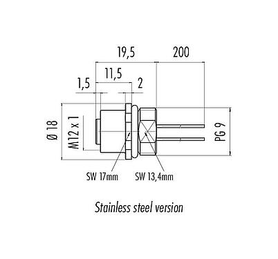 Dessin coté M12 Embase femelle, Contacts: 8, non blindé, fils, IP68, UL 2238, PG 9, Montage frontal, Acier inoxydable, coulé
