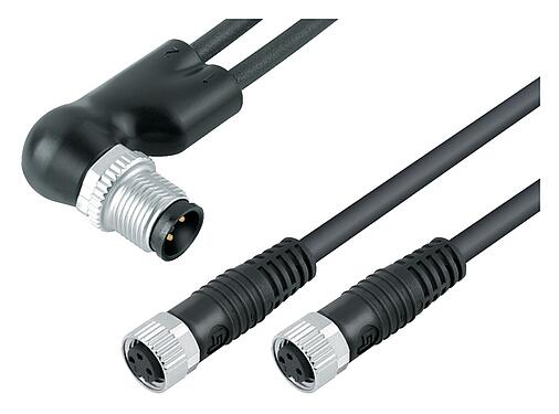 Ilustración M12/M8 Divisor de cables en ángulo - 2 conector de cable hembra, Número de contactos: 4/3, sin blindaje, moldeado en el cable, IP67, UL 2238, PUR, negro, 3 x 0,34 mm², 1 m