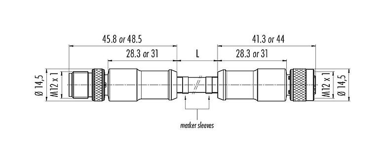 Dessin coté M12 Câble de raccordement connecteur mâle - connecteur femelle, Contacts: 4, blindé, surmoulé sur le câble, IP67, Ethernet CAT5e, TPE, noir, 2 x 2 x AWG 24, 0,3 m