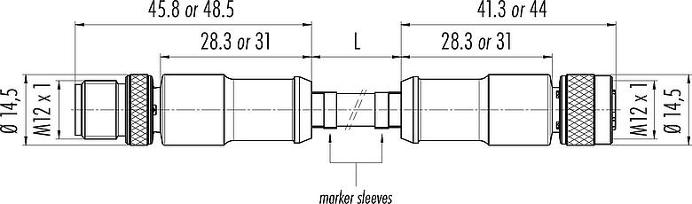 Scale drawing M12 Connecting cable male cable connector - female cable connector, Contacts: 4, shielded, moulded on the cable, IP67, UL, Profinet/Ethernet CAT5e, PUR, green, 4 x AWG 22, 2 m