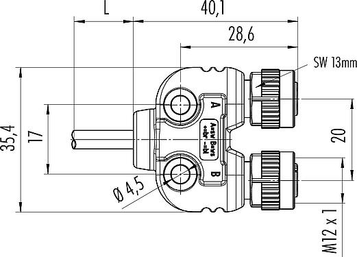 Scale drawing M12 Twin distributors, Y-distributor, male connector - 2 female connector, Contacts: 4, unshielded, moulded on the cable, IP68, UL 2238, PUR, black, 4 x 0.25 mm², with LED PNP closer, 2 m