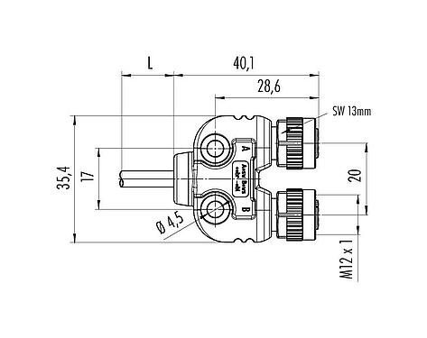 Scale drawing M12 Twin distributors, Y-distributor, male connector - 2 female connector, Contacts: 4, unshielded, moulded on the cable, IP68, UL 2238, PUR, black, 4 x 0.25 mm², with LED PNP closer, 2 m