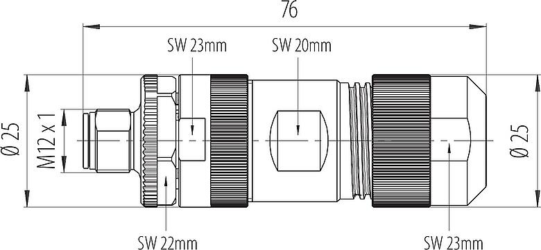 Dibujo a escala M12 Conector de cable macho, Número de contactos: 4, 8,0-13,0 mm, sin blindaje, tornillo extraíble, IP67, UL 2238, M12x1,0