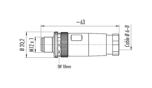 Dibujo a escala M12 Conector de cable macho, Número de contactos: 4, 6,0-8,0 mm, sin blindaje, tornillo extraíble, IP67, UL 2238, VDE