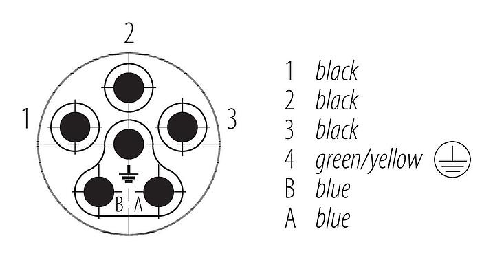 Contact arrangement (Plug-in side) 09 6111 150 06 - Bayonet Male panel mount connector, Contacts: 6, unshielded, single wires, IP66/IP67, UL 2237, M20x1.5, Front mounting