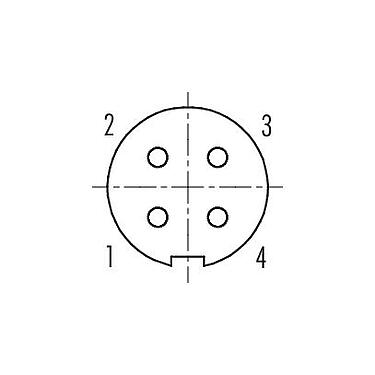Disposition des contacts (Côté plug-in) 99 0410 75 04 - M9 Connecteur femelle coudé, Contacts: 4, 3,5-5,0 mm, blindable, souder, IP67