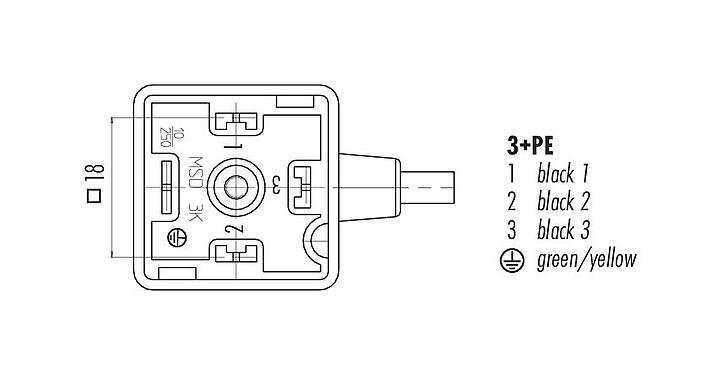 Contact arrangement (Plug-in side) 31 5235 500 000 - Female solenoid valve connector, Contacts: 3+PE, unshielded, moulded on the cable, IP67, PUR, black, 5 m