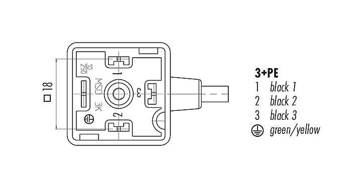 Contact arrangement (Plug-in side) 31 5235 500 000 - Female solenoid valve connector, Contacts: 3+PE, unshielded, moulded on the cable, IP67, PUR, black, 5 m