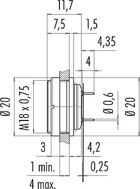Scale drawing M16 Female panel mount connector, Contacts: 12 (12-a), unshielded, THT, IP67, M18x0,75, Rear mounting